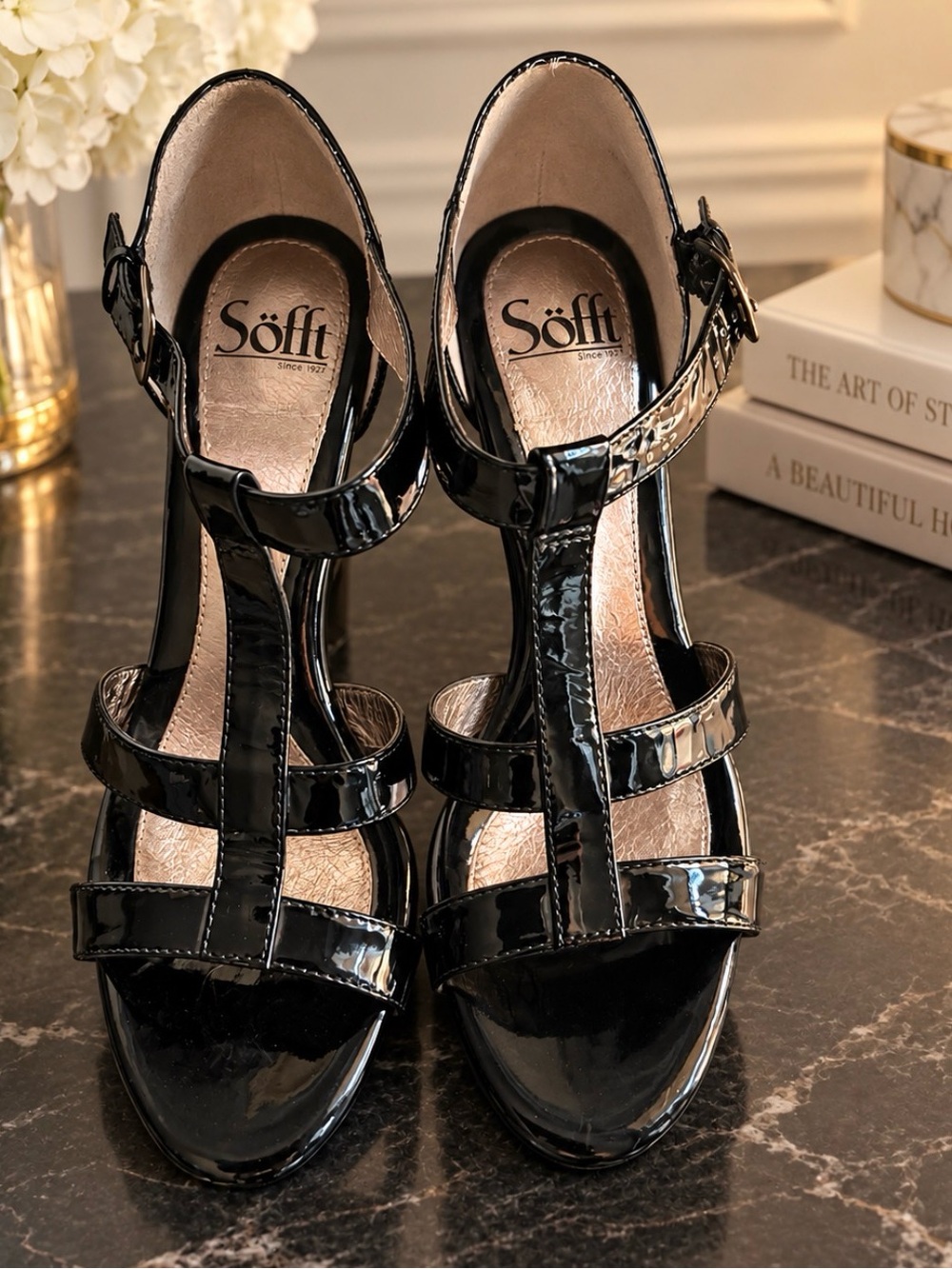 Sofft Black Patent T-Strap Heeled Sandals